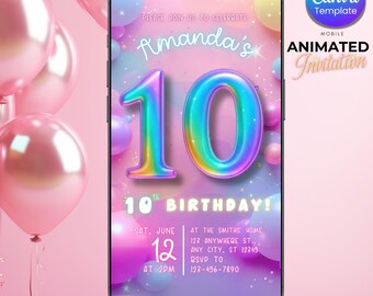 May include: A mobile animated invitation for a 10th birthday. The design features a large, colorful number 10, the name "Amanda's", and event details. The background is a soft pink with floating balloons. The Canva template is self-editable.