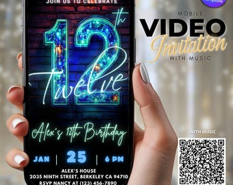 12th Birthday Invitation – Neon Blue Glow Party for Boys, Editable Canva Template, Digital Download, Animated  Birthday Digital Invite