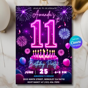 11th Birthday Invitation – Neon Pink Glow Party for Girls, Editable Canva Template, Digital Download, Printable Birthday Party Invite