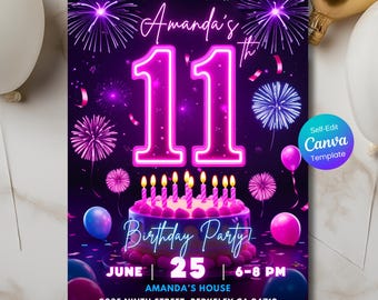 11th Birthday Invitation – Neon Pink Glow Party for Girls, Editable Canva Template, Digital Download, Printable Birthday Party Invite