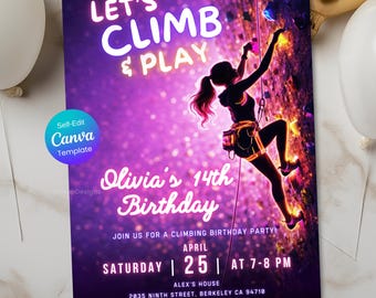 Rock Climbing Birthday Invitation - Neon Indoor Climbing Party, Rock Climbing Invite for Girls or Tweens, Editable Canva Template, Any Age