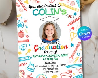 Vorschul-Abschluss-Einladung, Pre-K Grad-Ankündigungskarte Bearbeitbar Kindergarten-Graduiertenparty einladen, Klasse von 2026, PreK Grad-Party