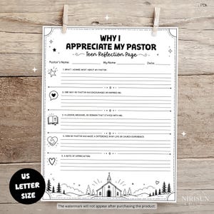 Puede incluir: Una página de reflexión imprimible en blanco y negro titulada Why I Appreciate My Pastor. El documento incluye líneas para el nombre y la fecha, seguidas de cinco preguntas numeradas con iconos como un corazón, una biblia y manos.
