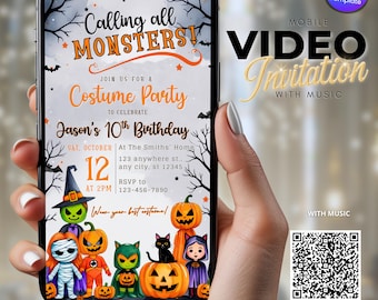 Halloween Birthday Party Invitation, Calling All Monsters Costume Party, Editable Canva Template, Digital Halloween Party Video Invitation