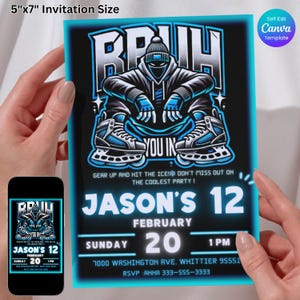 Convite para festa de aniversário de patinação no gelo, convite com tema de hóquei neon azul legal, modelo editável do Canva, download digital, festa de esportes de inverno