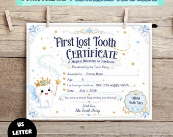 First Lost Tooth Certificate Editable Template, Printable Tooth Fairy Certificate, Lost Tooth Award for Kids Printable, Editable Tooth Fairy
