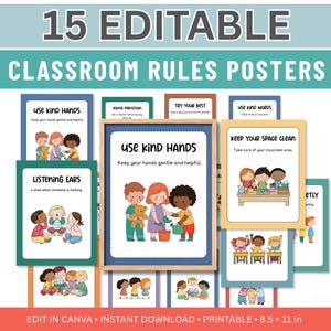 Poster modificabili con le regole della classe, 15 cartelli stampabili con le regole della classe, decorazioni per la scuola materna e l'asilo, poster sul comportamento scolastico, decorazioni per la classe.