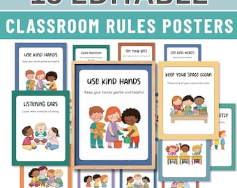 Editable Classroom Rules Posters, 15 Printable Classroom Rules Signs, Preschool Kindergarten Decor, School Behavior Posters, Classroom Decor