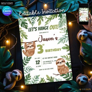 Editable Sloth Birthday Invitation for Kids, Sloth Invitation, Jungle Theme, Canva Template, Cute Sloth Printable Invite for Any Age Party