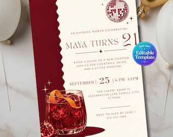 21st Birthday Invitation Template, Editable Invite, Cocktail Party Invite, Digital Download, Disco Birthday Invite, Milestone Birthday Party