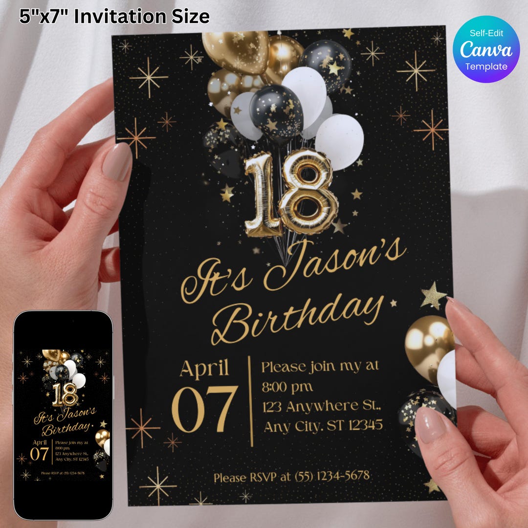 18th Birthday Invitation, Elegant Black & Gold Party Invite, Editable Canva  Template, Digital Download, Printable Milestone Celebration Card - Etsy Chic 18th Birthday - Black and Gold - Fill In Birthday Party Invit