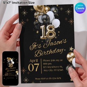 Élégante invitation de 18e anniversaire noir et or, invitation de fête de 18e anniversaire, fête noir et or, modèle de toile éditable, téléchargement numérique