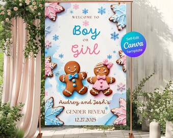 May include: A gender reveal banner with a gingerbread theme. The banner reads "Welcome to Boy or Girl" with gingerbread people and snowflake cookies. The banner also includes the text "Audrey and Josh's Gender Reveal 12.27.2025".