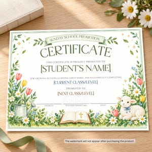 May include: A rectangular Sunday School promotion certificate featuring a green border with watercolour illustrations of tulips, daisies, a watering can, an open Bible with a cross, and a white lamb. Text includes "SUNDAY SCHOOL PROMOTION" and placeholders for names and dates.