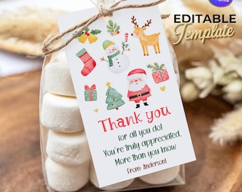 Thank You for All You Do Favor Tag: Christmas Holiday Appreciation Gift (Editable Canva Template, Printable Tag for Teacher Family Staff)