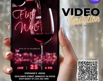 Fein wie Wein-Geburtstagseinladung, Party einladen, 40.50.60.Geburtstags-Wein-Thema, bearbeitbare Video-Einladung, Erwachsener