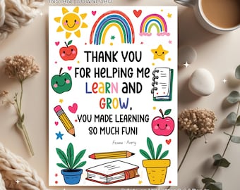 Thank You Card for Teacher Printable, Year End Teacher Card, Teacher Thank You Card, Preschool Teacher card, Pre K , Appreciation Gift Card