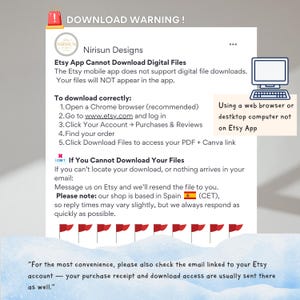 Op de afbeelding: Een witte afbeelding met de tekst "DOWNLOAD WARNING!" en informatie over het downloaden van digitale bestanden van Etsy. De tekst adviseert het gebruik van een webbrowser of desktopcomputer in plaats van de Etsy-app. Bevat de winkelnaam en contactgegevens.
