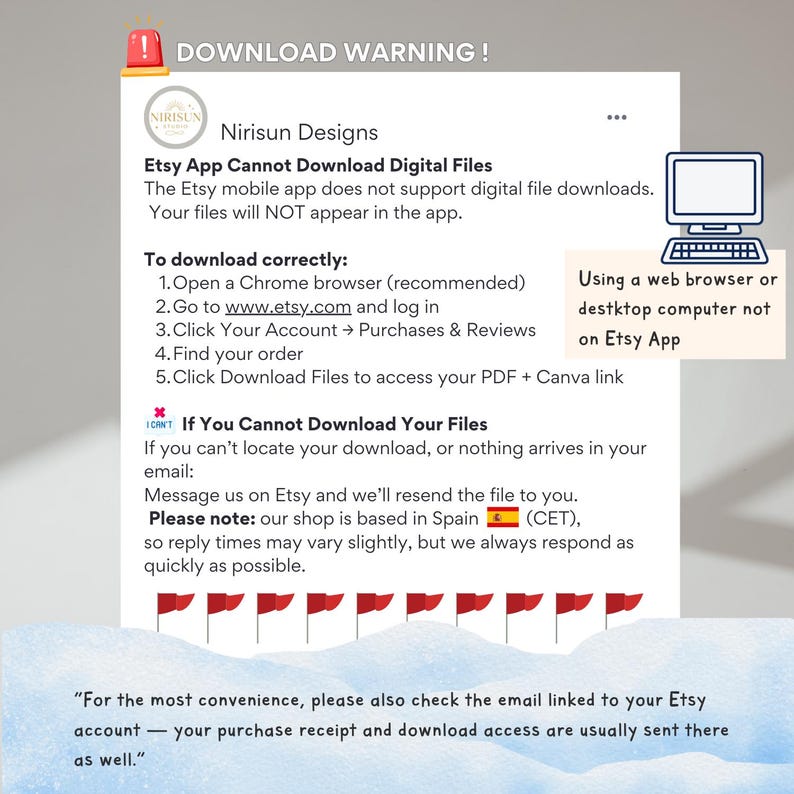 Op de afbeelding: Een witte afbeelding met de tekst "DOWNLOAD WARNING!" en informatie over het downloaden van digitale bestanden van Etsy. De tekst adviseert het gebruik van een webbrowser of desktopcomputer in plaats van de Etsy-app. Bevat de winkelnaam en contactgegevens.