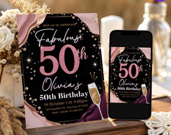 50th Birthday Invitation Template – Fabulous Rose Gold Glitter, Elegant Black Surprise Party Card, Milestone for Women, Digital Download