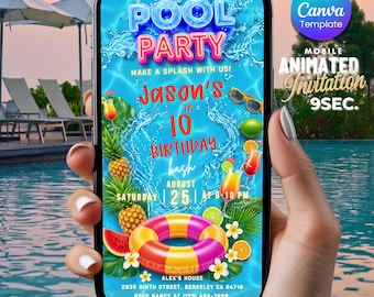 Pool Party Invitation Animated Template, Editable Birthday Invite Video, Summer Pool Party Digital Invitation, Mobile Video Invite Canva
