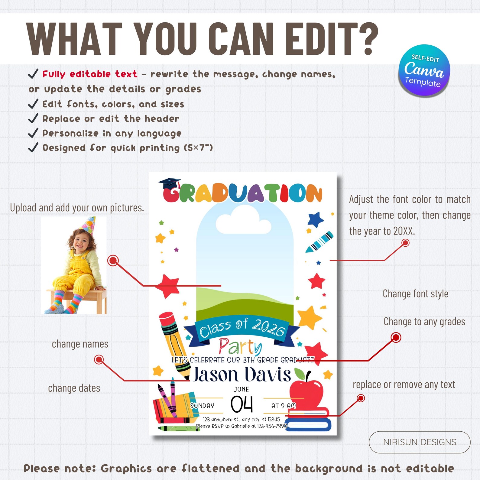 Grade R Invitation Card Kids Graduation Party Photo Invitation – Moving up Ceremony, Editable ...