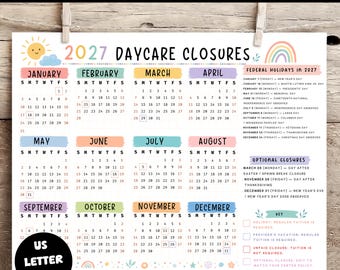 Editable 2027 Daycare Closure Calendar Template, Printable Childcare Holiday Calendar, Schedule for Preschool, Home Daycare School Calendar