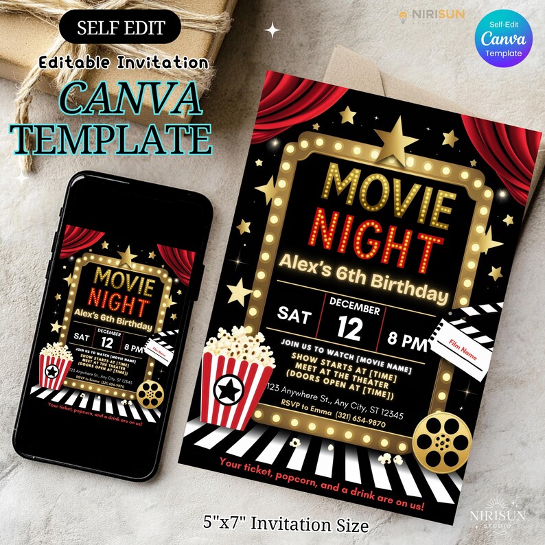 Op de afbeelding: Een zwarte Movie Night-uitnodigingssjabloon met gouden accenten, popcorn en filmrolafbeeldingen. De uitnodiging bevat de tekst "Movie Night" en details voor een 6e verjaardagsfeest. De uitnodiging is 12,7 cm x 17,8 cm groot.