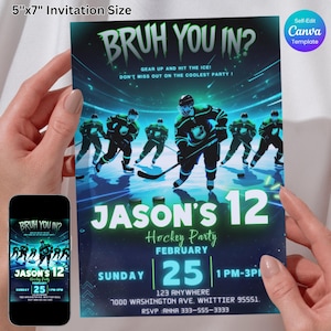 Hockey-Geburtstagseinladung, Eishockey-Party einladen, Eishockey-Thema für Kinder, bearbeitbare Canva-Vorlage, digitaler Download, Eisbahnparty