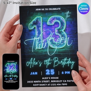 13th Birthday Invitation – Neon Blue Glow Party for Boys, Editable Canva Template, Digital Download, Printable Teen Birthday Party Invite