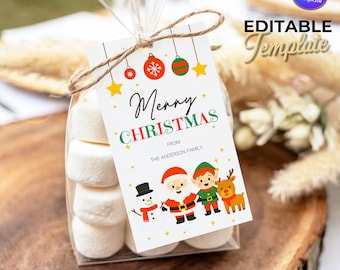 Kerstcadeaulabels: labels voor traktatie in de klas, bewerkbare sjabloon, sneeuwpop rendier elf-tags, afdrukbare kerstcadeaulabels DIY-kerstlabel