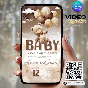 Geschlechtsneutrale Bär-Babyparty-Einladung, können wir Bären-braun Boho Teddybär einladen bearbeitbare Canva-Vorlage, animierte digitale Einladung