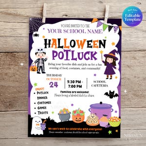 May include: A Halloween potluck invitation flyer featuring a skeleton, a witch, and a ghost. The text reads: You're invited to the your school name Halloween potluck, Thursday October 24, 5:30 PM - 7:00 PM, school cafeteria. Includes colorful graphics of food, bats, and stars.