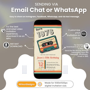 Puede incluir: Un dise&ntilde;o de invitaci&oacute;n digital que se muestra en la pantalla de un tel&eacute;fono inteligente. La invitaci&oacute;n presenta un gr&aacute;fico de cinta de cassette retro con el texto "Born 1976" y detalles para el 50 cumplea&ntilde;os de Jason. El dise&ntilde;o es para invitaciones digitales de 1080x1920px.