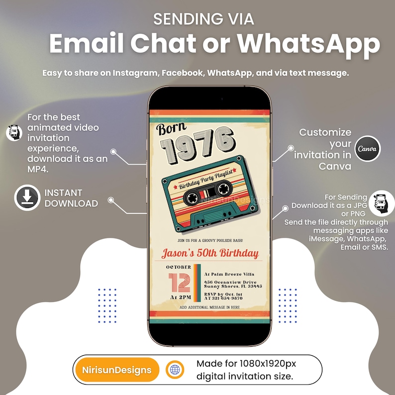 Puede incluir: Un dise&ntilde;o de invitaci&oacute;n digital que se muestra en la pantalla de un tel&eacute;fono inteligente. La invitaci&oacute;n presenta un gr&aacute;fico de cinta de cassette retro con el texto "Born 1976" y detalles para el 50 cumplea&ntilde;os de Jason. El dise&ntilde;o es para invitaciones digitales de 1080x1920px.