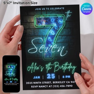 Neon 7th birthday Invitation, Blue Green Neon Glow Party Invite, Digital Download, Self-Edit Canva Template for Boys, Printable birthday boy