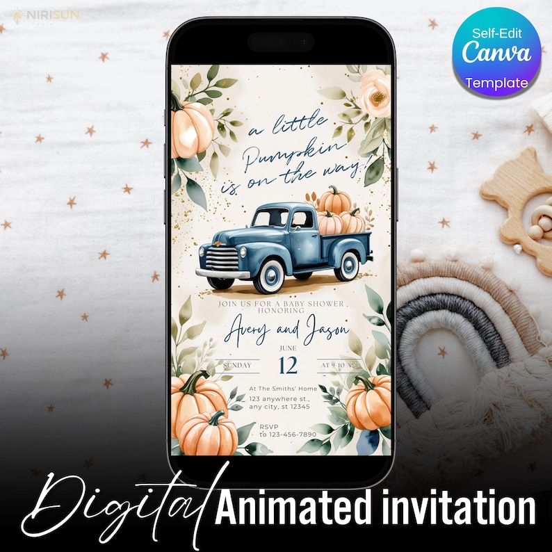 May include: Digital animated invitation on a smartphone screen. The design features a blue truck carrying pumpkins, with text "a little Pumpkin is on the way." The invitation is for a baby shower, with the names Avery and Jason.