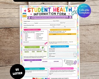 Editable Student Health Information Form, School Medical Info Sheet, Allergy Medication Emergency Contact Template, Back to School Form