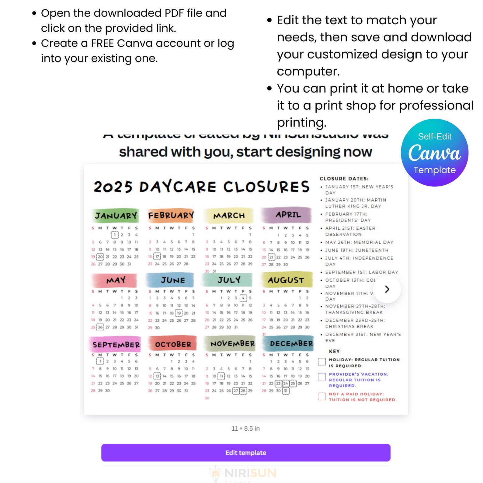 Editable 2026 Daycare Closure Calendar Template, Printable Canva ...