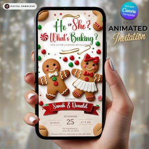 Lebkuchen-Plätzchen-Gender Reveal Einladung: Er oder Sie Weihnachtsthema (bearbeitbare Canva-Vorlage, animierte digitale Winter-Babyparty-Einladung)