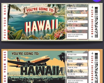 Boleto de viaje sorpresa a Hawái, plantilla de invitación para tarjeta de embarque tropical, diseño editable de Canva para boletos de Hawái, boleto para evento vacacional en Hawái