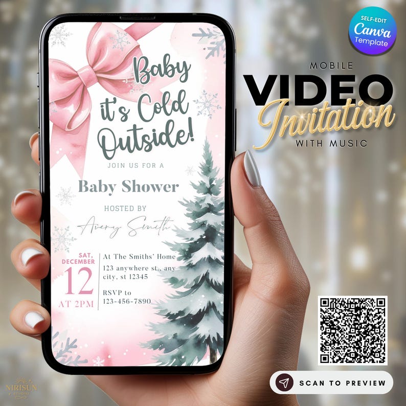 Celebrate a sweet little arrival during the chilly season with this charming “Baby It’s Cold Outside” winter baby shower invitation! Featuring a beautiful watercolor snowy tree, soft pink background, elegant snowflakes, and a festive bow, this digital animated invite template adds a cozy and magical touch to your event.

Designed for easy editing in Canva, this winter baby shower invitation is perfect for texting, emailing, or sharing on social media. No design skills needed!