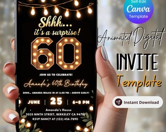 Könnte beinhalten: Ein Smartphone zeigt eine digitale Einladung zum 60. Geburtstag. Das Design hat einen schwarzen Hintergrund mit Lichterketten, die beleuchtete Zahl "60" und den Text "Shhh... it's a surprise!" und "Amanda's 60th Birthday".