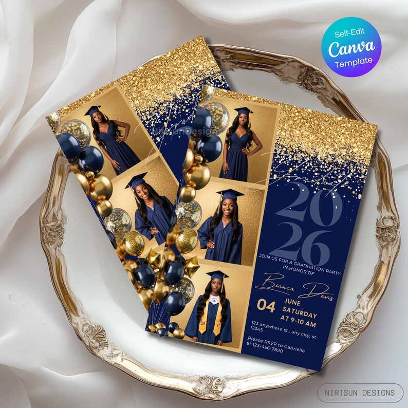 Navy Gold Graduation Invitation with Photo, Class of 2026 Grad Party Invite, Editable Canva Graduation Template, Senior Photo Graduation image 10