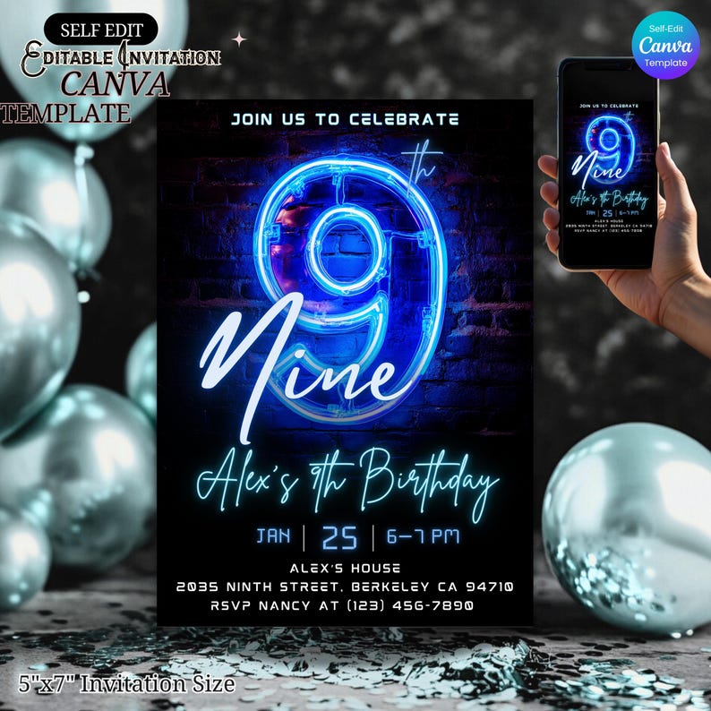 9th Birthday Invitation, Neon 9th Birthday, Blue Glow Party for Boys ...