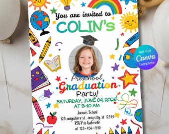 May include: A colorful preschool graduation party invitation with the text "You are invited to Colin's". The invitation includes a photo of a child, along with illustrations of crayons, stars, and a rainbow. The date and time are also included.