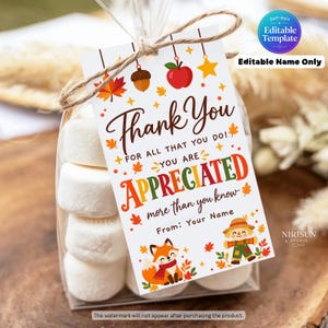 Puede incluir: Una etiqueta de regalo rectangular blanca atada con cordel a una bolsa de plástico transparente llena de malvaviscos blancos. La etiqueta presenta ilustraciones otoñales que incluyen una manzana roja, una bellota, un zorro y un espantapájaros, con el texto Thank You For All That You Do! You Are Appreciated more than you know From: Your Name.
