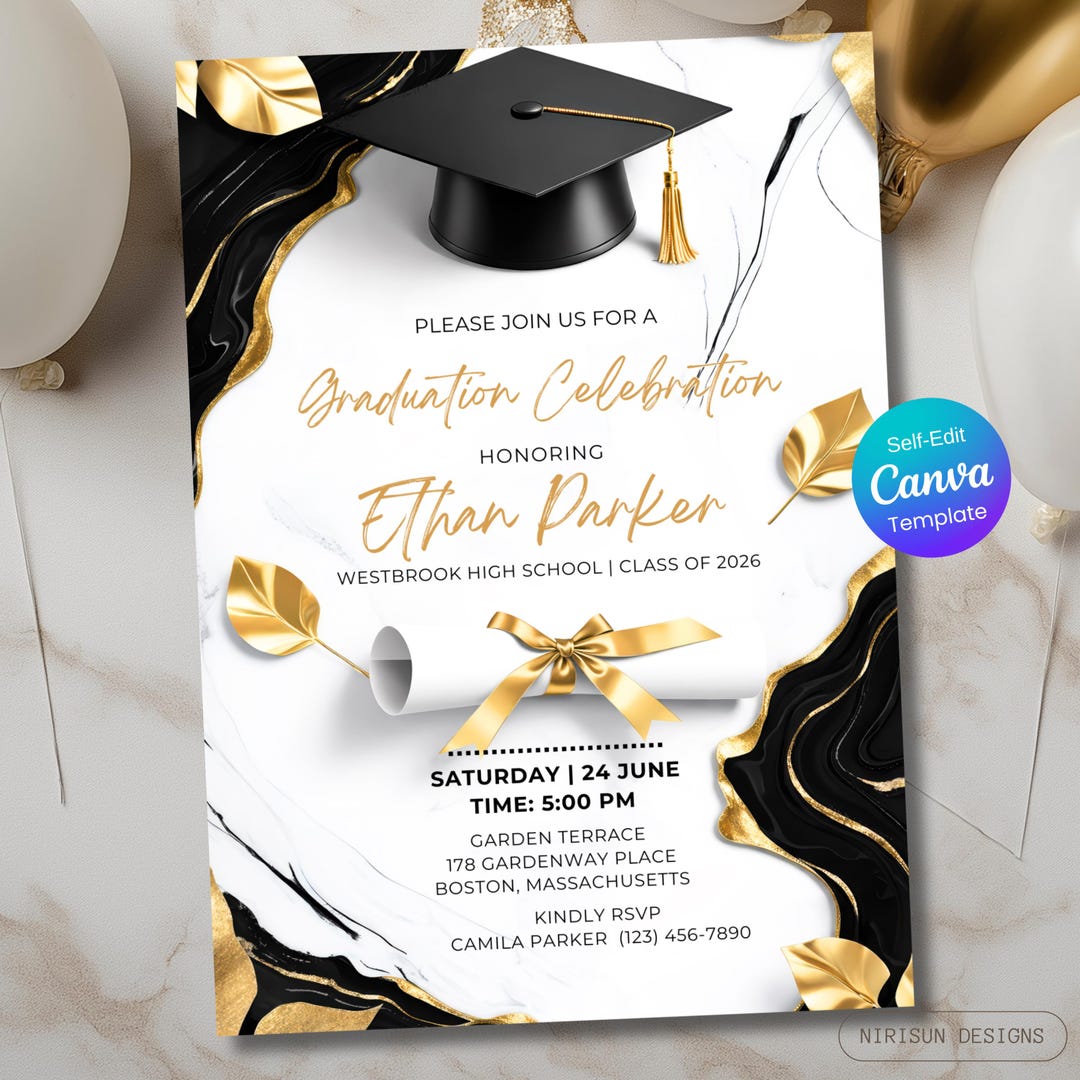Black Gold Graduation Party Invitation, Class of 2026 Invite ...