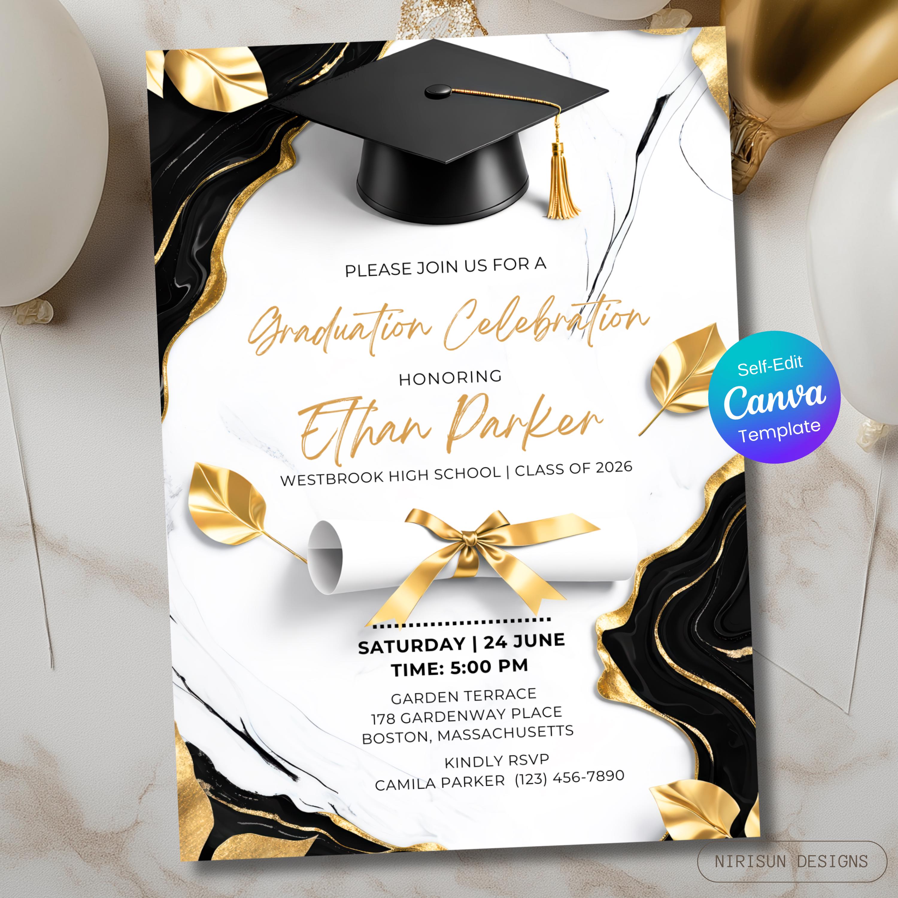 Black Gold Graduation Party Invitation, Class of 2026 Invite ...
