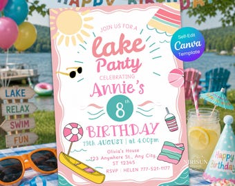 Könnte beinhalten: Rosa-weiße Einladung zur See-Party mit dem Text "Lake Party Celebrating Annie's 8th Birthday". Die Einladung enthält Illustrationen von Sonne, Sonnenbrille, Boot und Strandball. Im Hintergrund ist eine Seeszene zu sehen.